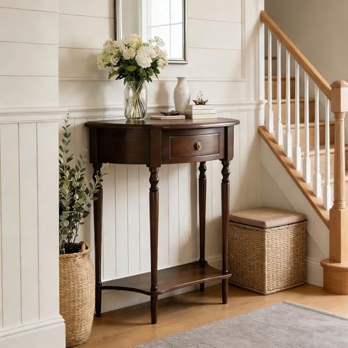 Half Moon Console Table Solid Wood Vintage Entryway Table with Storage Drawer Small Hallway Table for Entryway Half Round Foyer Tables Walnut Entry Way Tables For Entrance (Walnut, W-23.6")