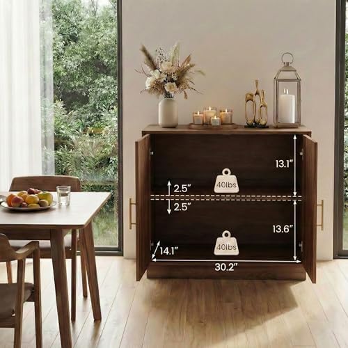 holzart 31.5" Modern Farmhouse Storage Cabinet, Rustic Brown 2 Door Sideboard Buffet with Gold Handles, Fluted Wood Accent Credenza for Entryway, Living Room, Coffee Bar, Home Office