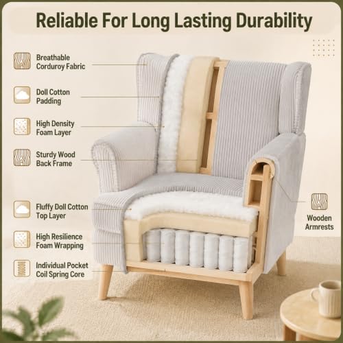 VINGLI 26" Wingback Accent Chair, Corduroy Armchair for Bedroom Living Room