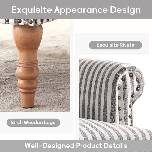 HUIMO Linen Fabric Accent Chair, Mid-Century Modern Upholstered Armchair with Solid Wood Legs, Comfy Reading Club Chair for Living Room Bedroom (2, Dark Grey and White Stripe)