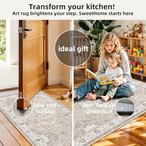 4 Pieces Kitchen Rug Set: Washable Water Resisitant Carpet for Sink Stove Area Soft Floor Mats with Non-Slip Backing for Bathroom Low-Pile Runners for Family with Elderly Dogs(2x3+2x4+2x5+2x6,Beige)