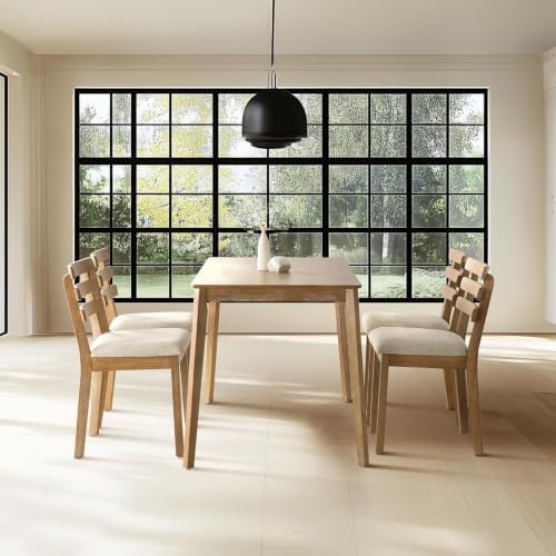 Dining Table Set for 6, Wooden Farmhouse Table, 6 Upholstered Chairs