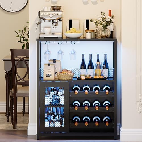 IDEALHOUSE Wine Bar Rack Cabinet with LED Lights, Small Coffee Bar Cabinet
