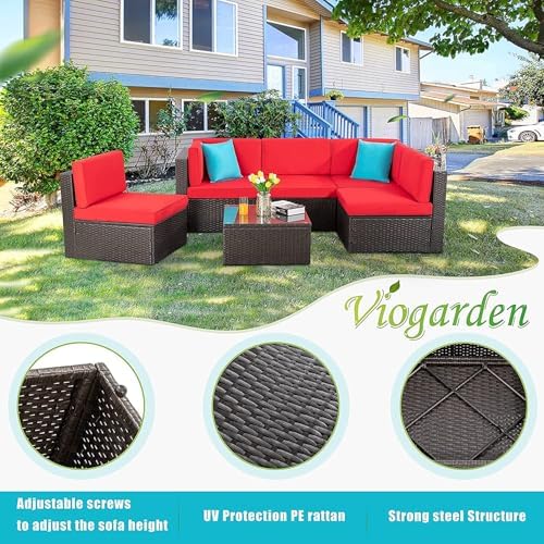 Vongrasig 6 Piece Patio Furniture Set, Small Outdoor Sectional Couch, Red
