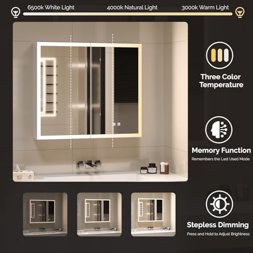 VINGLI Lighted Medicine Cabinet with Mirror Bathroom Mirror Medicine Cabinet Wall Mounted with Storage LED Lights Charging Station Defogger Modern Bathroom Mirrors for over Sink with Storage (32"*28")