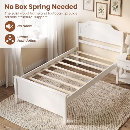 GIANTEX Twin Size Wooden Bed Frame with Headboard, Wood Slat Support