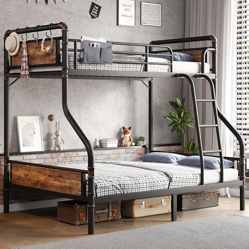 Jocoevol Metal Bunk Bed Twin Over Full, Industrial Bunkbeds Heavy Duty Bed with Safety Guard Rails and Space-Saving Design, Steel Bed for School, Bedroom (Vintage Brown)