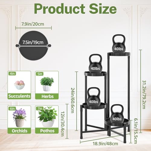 iDavosic.ly Plant Stand Indoor Outdoor, 4 Tier Metal Corner Shelf, Black