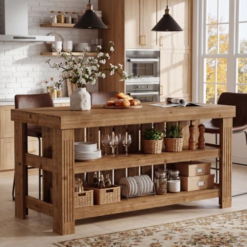 63" Solid Wood Kitchen Island with Storage and Seating, 3-Tier