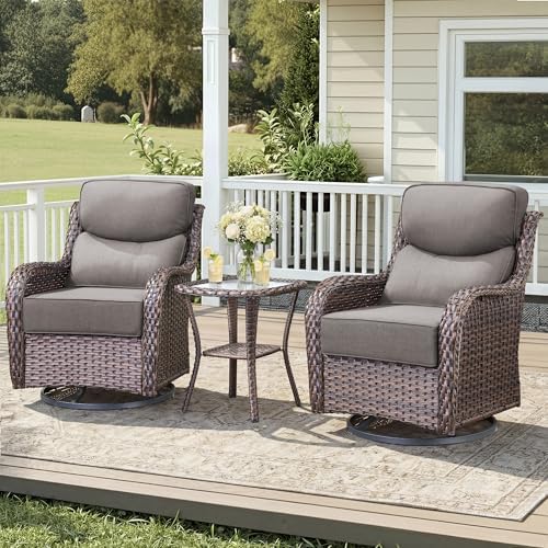 Luxury Outdoor Swivel Rocker Patio Chairs-3 Piece Wicker Patio Rocking Chairs Set of 2 with Glass Side Table 6" Thick Cushions High Back Outdoor Furniture Sets for Deck Porch Balcony(Brown/Grey)