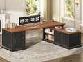SEDETA Farmhouse L Shaped Desk with Drawers, 70.9" Home Office Desk with Storage Cabinet and Storage Shelves, L Shaped Computer Desk with Power Outlet，Black+Brown