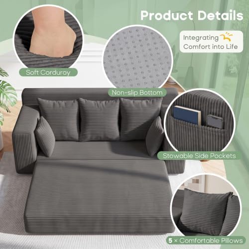 Boneless Couch for Living Room, 3 Seater Convertible Sofa Bed in Box, Grey