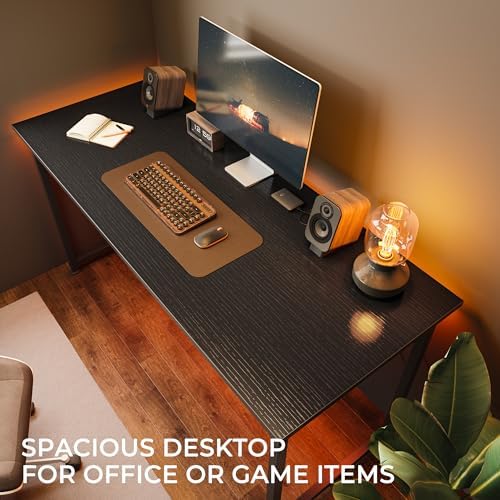Huuger Computer Desk, 55 Inch Home Office Desk, Gaming Writing Work from Home Study Desk, Large Legroom, Sturdy Metal Frame, Modern Simple, Black