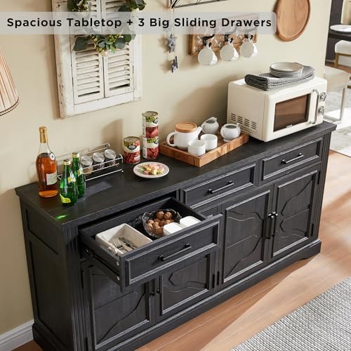 JXQTLINGMU 66" Farmhouse Buffet Cabinet with Storage, Sideboard Credenza, Carved Cloud-Inspired Doors, 3 Drawers & Adjustable Shelves, Coffee Bar Cabinet, Black