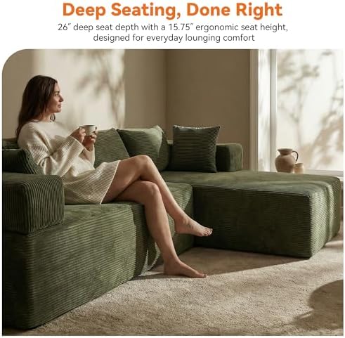MONVANE 106" L-Shaped Modular Sectional Sofa, Green