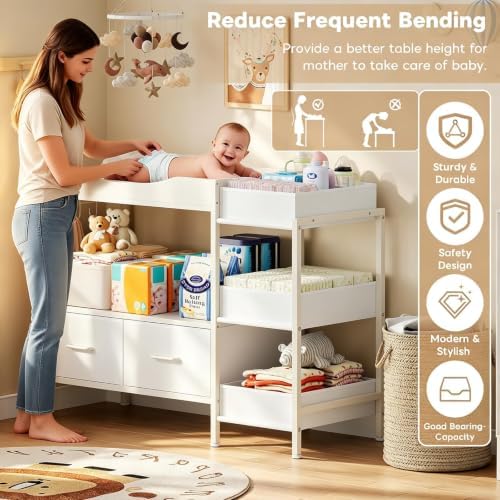 Baby Changing Table with Storage,Heavy-Duty Diaper Changing Station, White Nursery Dresser Organizer with 2 Large Fabric Baby Drawers, 3 Diaper Caddy Bin & Wood Shelf, Kids & Baby Bedroom Furniture