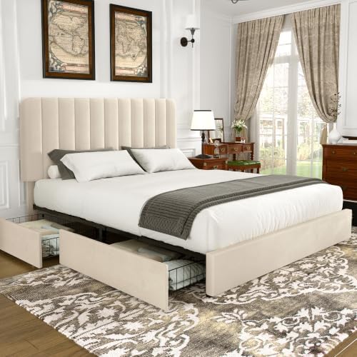 VECELO King Size Upholstered Bed Frame with 4 Drawers and Headboard, Velvet Platform Storage Bedframe, Wooden Slats Support, No Box Spring Needed,Bone Beige