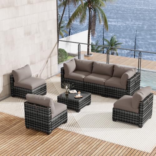 LOUVIXA 7 Piece Outdoor Patio Furniture Set, Outdoor Sectional Sofa, Wicker Rattan Patio Furniture, Patio Conversation Set with Coffee Table & Cushions