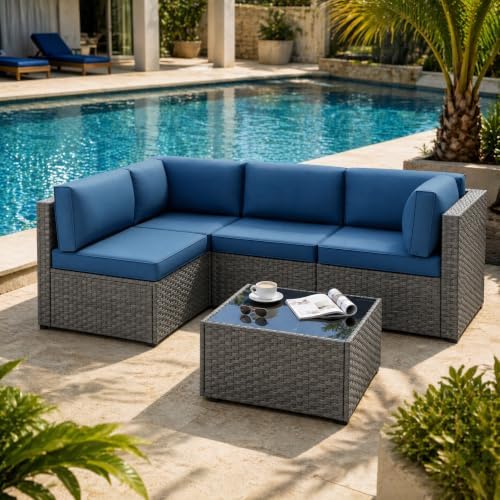 SUNLEI 5 Piece Patio Furniture Sets, Low Back All-Weather Rattan Sectional Sofa with Tea Table&Washable Couch Cushions, Patio Furniture Sets, Silver Rattan (Aegean Blue)