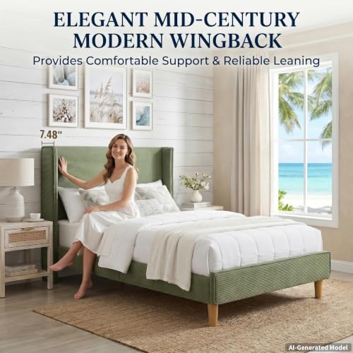 Twin Corduroy Upholstered Platform Bed with Headboard Wingback, Turtle