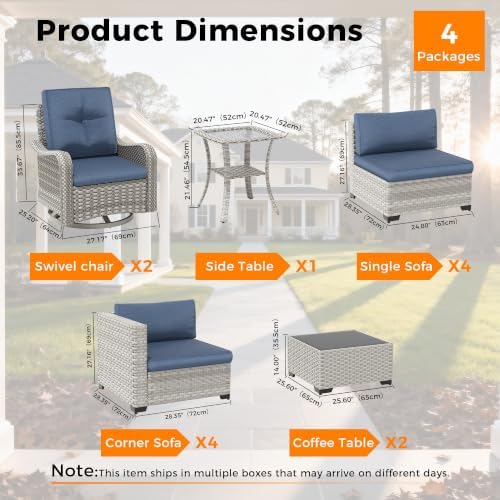 10-Seat Modern Patio Furniture Set with Swivel Rocking Chairs, Thick 4″ Cushions, Dual-Strand Wicker Rattan, Rust-Resistant Steel Frame – Outdoor Conversation & Modular Sectional,Navy