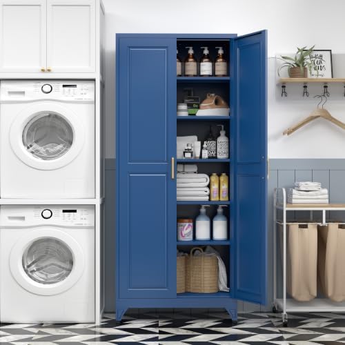 SteeLoong 75”Metal Pantry Storage Cabinet with Doors & 5 Adjustable Shelves | Kitchen Pantry Cabinet,Blue Kitchen Cabinet with 2 Gold Handles,Tall Cabinet for Livingroom,Pantry, Bathroom,Kitchen,Garage
