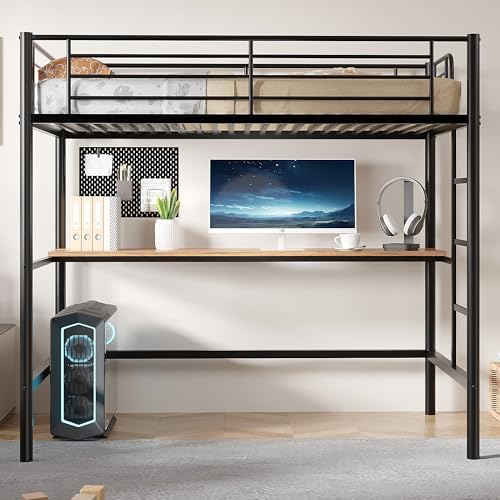VECELO Loft Bed Twin Size with Desk, Metal Bedframe with Removable Ladder and Safety Guardrail, No Box Spring Needed, Space Saving, Noise Free, Matte Black