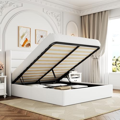 Allewie Queen Size Lift Up Hydraulic Storage Bed Frame White