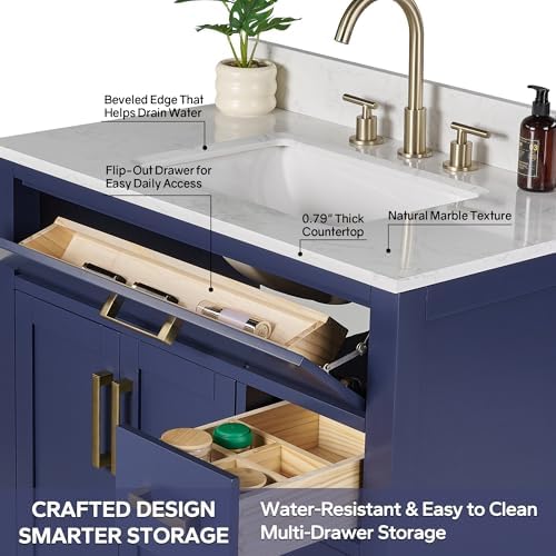 36-inch Bathroom Vanity with Sink, Solid Wood, 0.79-inch Stone Countertop and Backsplash, 4 Drawers, 2 Soft Closing Doors -Royal Blue
