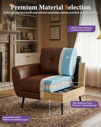 Brown Leather Accent Chair, Tufted Reading Arm Chair for Living Room Office