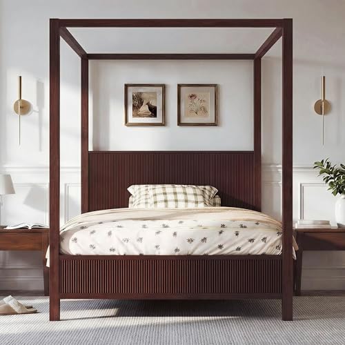 Queen Size Wood Canopy Bed Frame, Espresso Vintage Four-Posters Platform Bed Frames with Headboard, 10-Slat Support Wooden Post Beds, 6" Under Bed Storage, Easy Assembly (Espresso, Queen, 75.5"H)