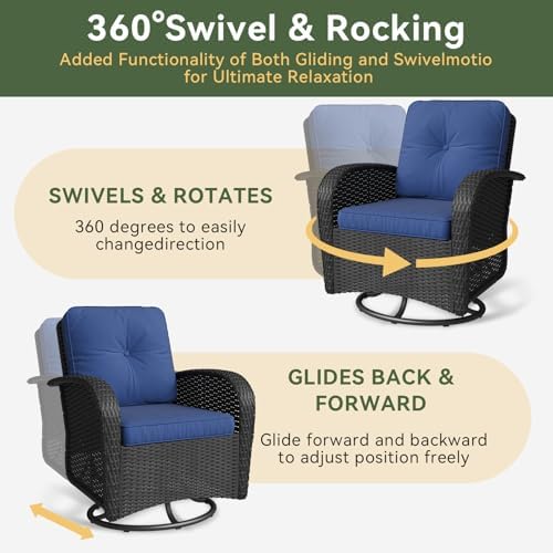 Aoxun 3 Pieces Patio Furniture Set, Patio Swivel Rocker Chairs Set of 2, Wicker Outdoor Bistro Set with Rocking Chair, Thickened Cushions and Table for Porch (Navy Blue)