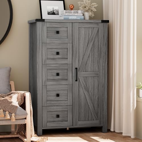 VVFLU Farmhouse Dresser Storage Cabinet Chest of Drawer for Bedroom, 5 Drawer Dresser with Barn Door, 48 Inch Tall Grey Wood Dresser, Adjustable Shelves, Rustic, for Living Room, Entryway, Hallway
