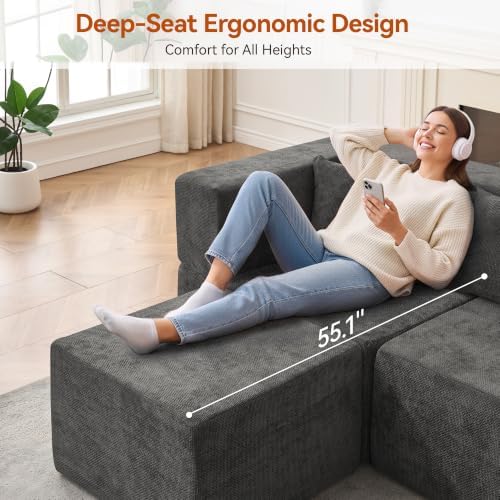 MONVANE 103'' Modular Sectional Sofa, Comfy Chenille Cloud Couch with Ottoman, Modern Convertible L Shaped Couch with Deep Seat, Sectional Couches for Living Room, No Assembly Required, Grey