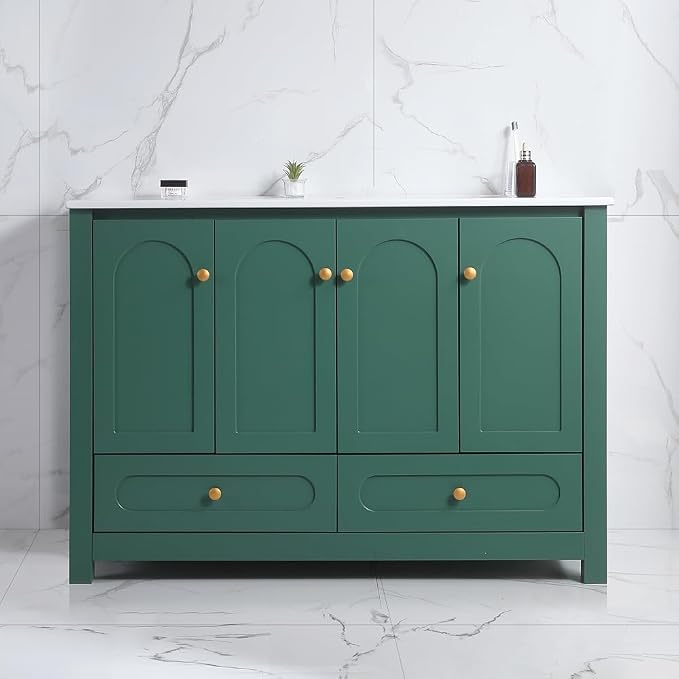 LUMISOL 48" Bathroom Vanity with Sink, Modern Single Sink Bathroom Vanity with 4 Doors & 2 Drawers, Freestanding Bathroom Storage Cabinet with Ceramic Basin, Solid Wood Frame, Green