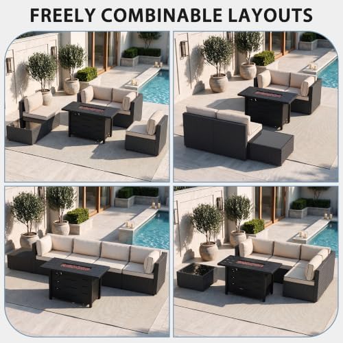 Shintenchi 6 Piece Outdoor Patio Furniture Set with 43 Inch Propane Fire Pit, Washable Cushions, Glass Coffee Table, Waterproof Cover & CSA Certified for Backyard Poolside, Black PE Rattan/Khaki