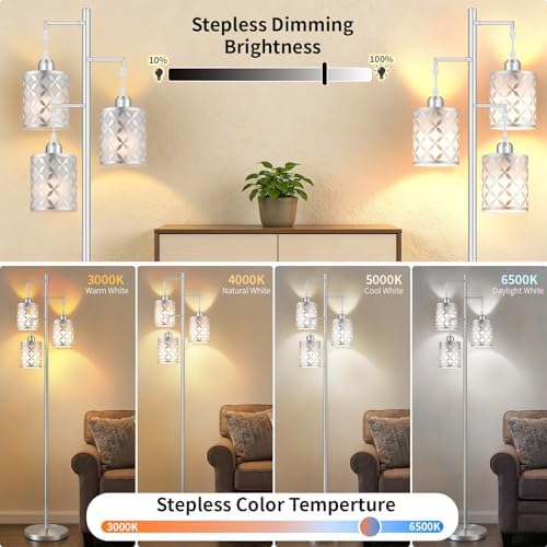 72" Dimmable Floor Lamp with Remote & Timer, Modern Minimalist Standing Lamp for Living Room Bedroom, 3 Individually Controlled Heads, 2 Height Options, 3x 1100LM LED Bulbs Included -Silver