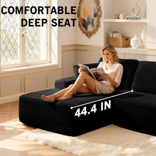 Modular Sectional Sofa, Convertible Sofa Bed, No Assembly Required Cloud Couch with Deep Seat, Modern L-Shaped Boneless Sofa for Living Room (Black)