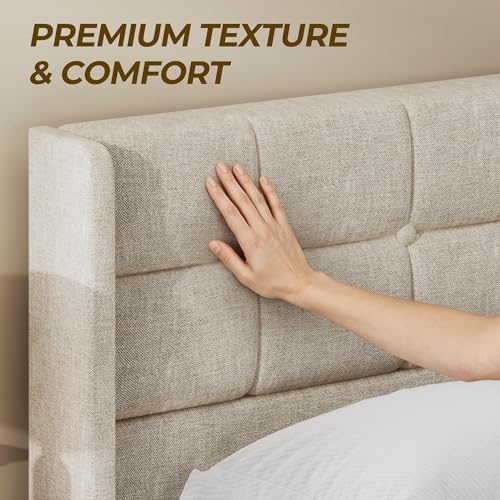 HISOFT Queen Size Lift Up Storage Bed Frame, Linen Upholstered Platform Bed with Wingback Headboard, Heavy Duty Hydraulic Gas Lift Underbed Space, Reinforced Full Metal Slats, Noise Free, Beige