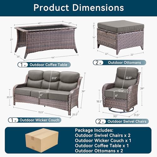 Luxury 6 Pieces Outdoor Patio Furniture Set-All Weather Wicker Outdoor Furniture with Swivel Rocker Patio Chairs 6-inch Extra Thick Cushions Wicker Conversation Set for Garden Porch(Brown/Grey)