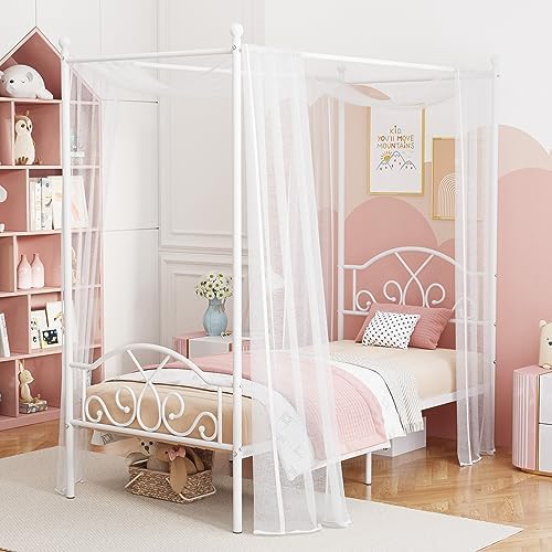 Twin Princess Canopy Bed Frame with 4 Posters, Twin Size Bed for Kids Girls