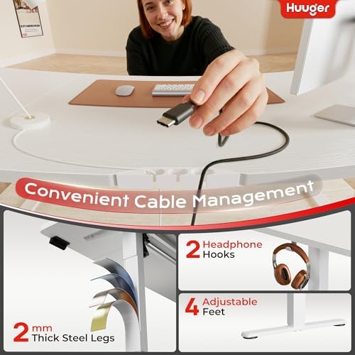 Huuger 71 x 30 Large Electric Standing Desk, Height Adjustable Computer Desk, 29.5" Deep Desktop, Stand up Gaming Office Table with 2 Hooks, 3 Preset Heights, for Home Office, White