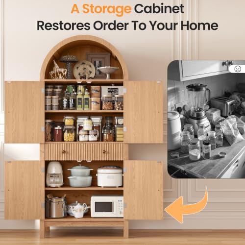 Apicizon 70" Tall Arched Kitchen Pantry Cabinet, 6-Tier Modern Fluted Wood Storage Cabinet with Doors Drawer & Adjustable Shelves, Farmhouse Cupboard Organizer for Dining Room, Bathroom, Natural
