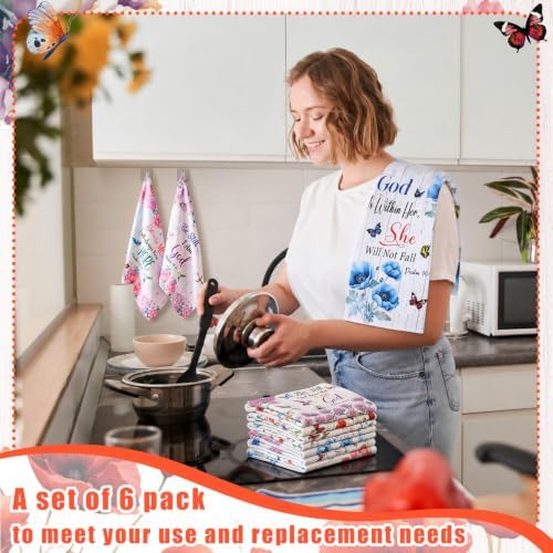 Redbaker 6 Pcs Christian Kitchen Towels, Floral Religious Dish Towel, Bible Absorbent Farmhouse Decorative Fast Drying Tea Dishcloth with Hanging Loop for Kitchen Bathroom Home Housewarming Gift