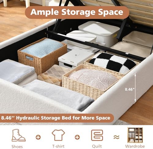 VELOCAVA Twin Size Lift-Up Storage Bed, Modern Upholstered Boucle Bed with Curved Headboard, Gas Lift Platform, Sturdy Wooden Slat Support, No Box Spring Needed, Easy Assembly, Cream White