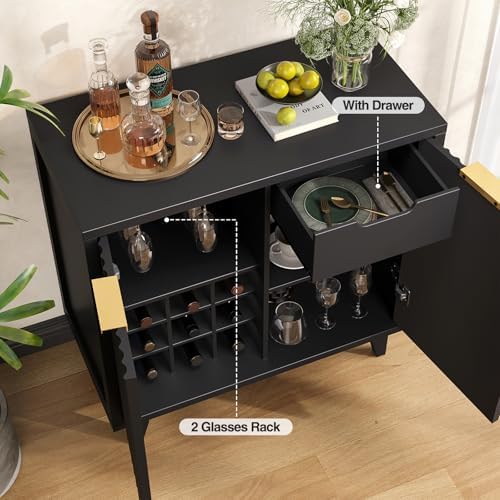 Vabches Modern Fluted Coffee Bar Cabinet with Removable Wine Rack, Black