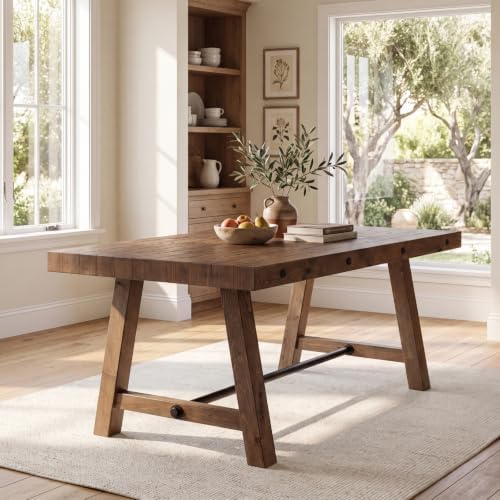 Rustic Farmhouse Dinning Table, Reclaimed Solid Wood Kitchen & Dining Room Table for 4-6 People, 59" Wooden Rectangular Kitchen Table with Trestle Base for Dining/Kitchen Room, Walnut