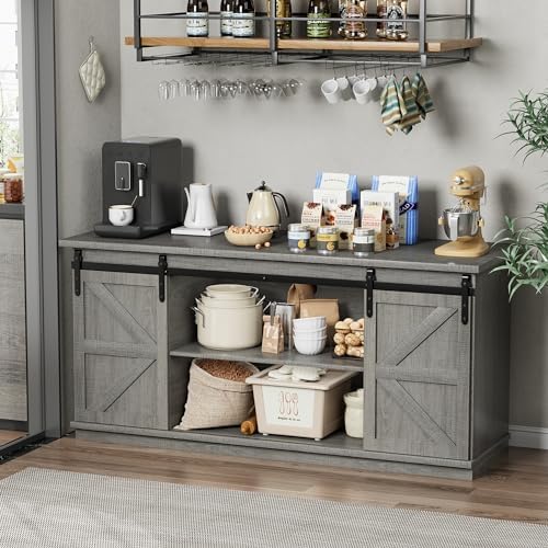Shahoo Farmhouse Sideboard Buffet Cabinet, Coffee Bar Storage with Sliding Barn Doors, Shelf for Home Dining Room, Grey