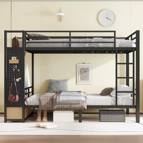 Bellemave Queen Over Queen Size Metal Bunk Bed with Storage Shelves and Drawers, Heavy Duty Bunk Beds with Clothes Hooks for Adults, Teens, Kids, Black