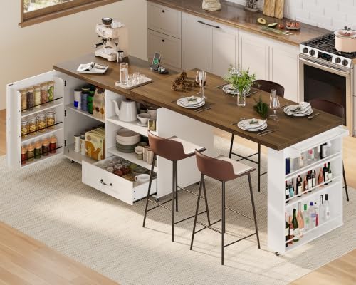 RALGEND Rolling Kitchen Island with 360° Swivel Tabletop, Large Kitchen Island Table with Power Outlet, Mobile Kitchen Island Cart with Storage Cabinets for Kitchen & Office, White and Walnut